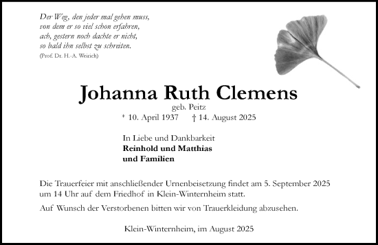 Traueranzeige von Johanna Ruth Clemens von Allgemeine Zeitung Mainz