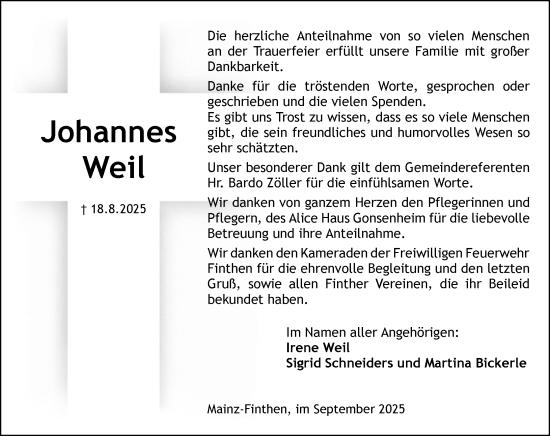 Traueranzeige von Johannes Weil von Allgemeine Zeitung Mainz