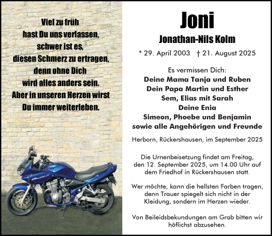 Traueranzeige von Jonathan-Nils Kolm von Weilburger Tageblatt
