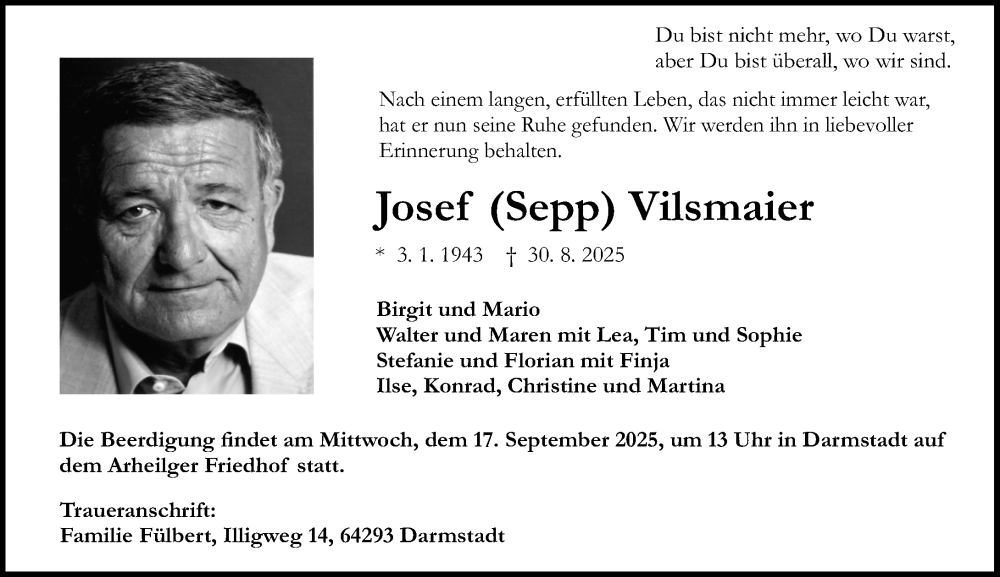  Traueranzeige für Josef Vilsmaier vom 06.09.2025 aus Darmstädter Echo