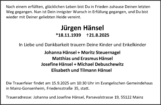 Traueranzeige von Jürgen Hänsel von Darmstädter Echo