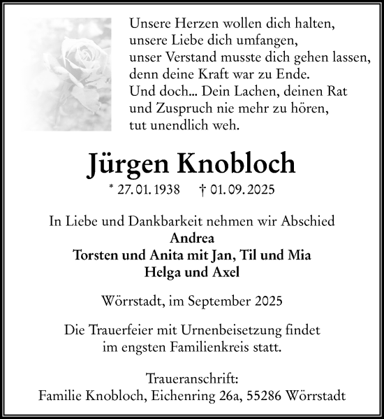 Traueranzeige von Jürgen Knobloch von Allgemeine Zeitung Alzey