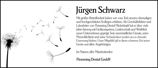 Traueranzeige von Jürgen Schwarz von Odenwälder Echo