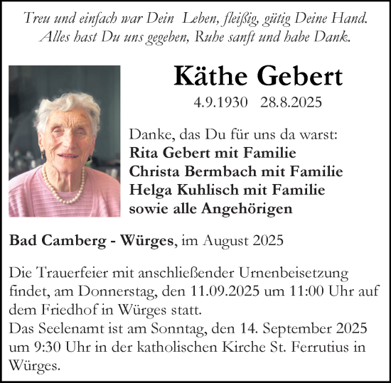Traueranzeige von Käthe Gebert von Camberger Anzeiger