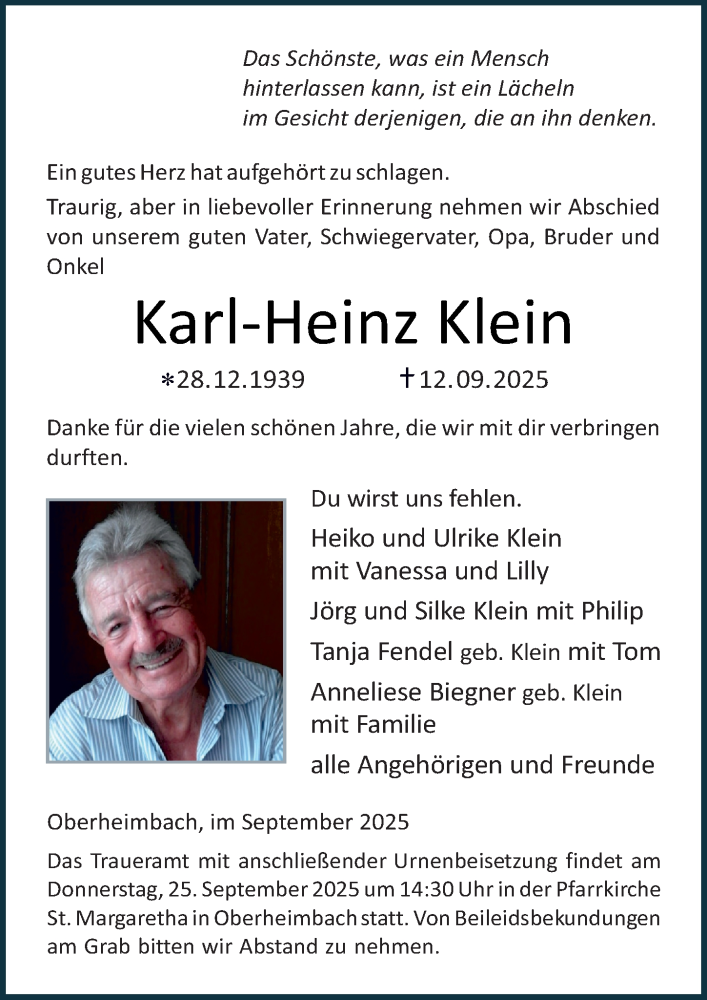  Traueranzeige für Karl-Heinz Klein vom 20.09.2025 aus Allgemeine Zeitung Rheinhessen-Nahe