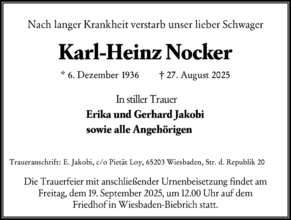  Traueranzeige für Karl-Heinz Nocker vom 13.09.2025 aus Wiesbadener Kurier