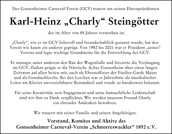 Traueranzeige von Karl-Heinz Steingötter von Allgemeine Zeitung Mainz