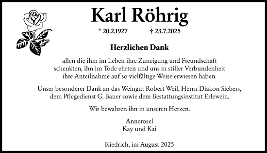 Traueranzeige von Karl Röhrig von Wiesbadener Kurier