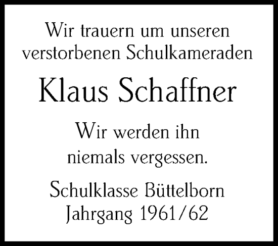 Traueranzeige von Klaus Schaffner von Groß-Gerauer Echo