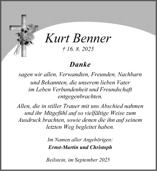 Traueranzeige von Kurt Benner von Dill Block