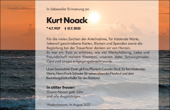 Traueranzeige von Kurt Noack von Weilburger Tageblatt
