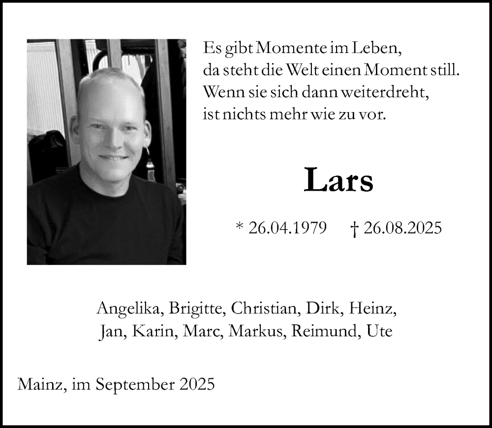  Traueranzeige für Lars Wessel vom 13.09.2025 aus Allgemeine Zeitung Mainz