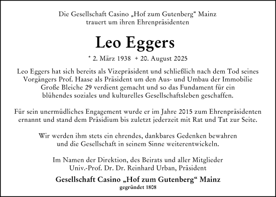 Traueranzeige von Leo Eggers von Allgemeine Zeitung Mainz