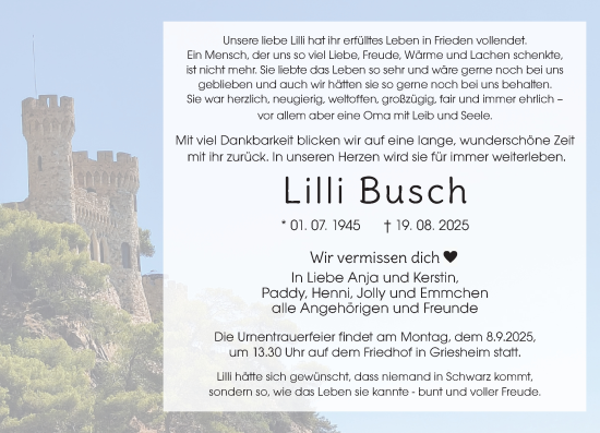 Traueranzeige von Lilli Busch von Darmstädter Echo