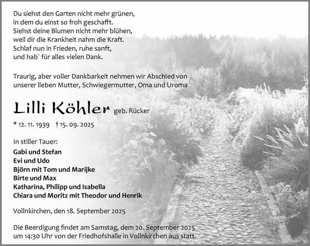  Traueranzeige für Lilli Köhler vom 18.09.2025 aus Wetzlarer Neue Zeitung