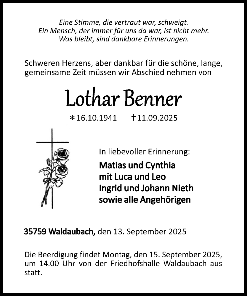  Traueranzeige für Lothar Benner vom 13.09.2025 aus Dill Block