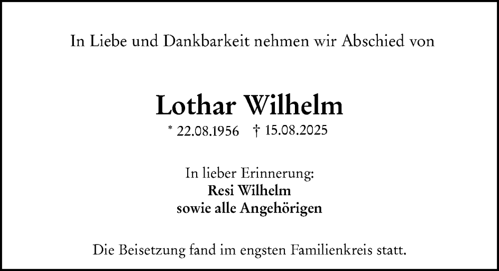  Traueranzeige für Lothar Wilhelm vom 15.09.2025 aus Rüsselsheimer Echo