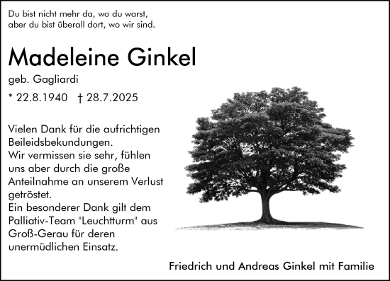 Traueranzeige von Madeleine Ginkel von Rüsselsheimer Echo