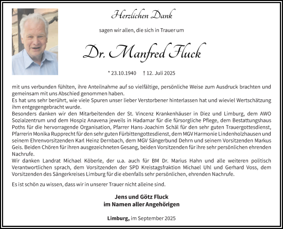 Traueranzeige von Manfred Fluck von Weilburger Tageblatt