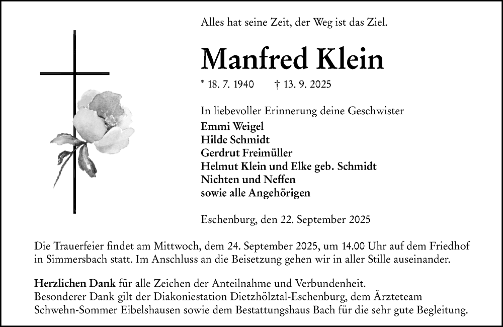  Traueranzeige für Manfred Klein vom 22.09.2025 aus Dill Block