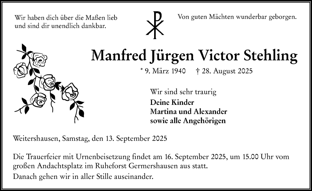  Traueranzeige für Manfred Jürgen Victor Stehling vom 13.09.2025 aus Hinterländer Anzeiger