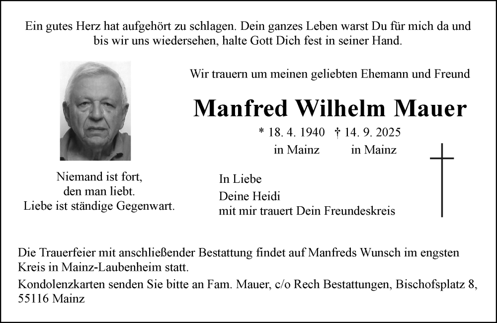  Traueranzeige für Manfred Wilhelm Mauer vom 20.09.2025 aus Allgemeine Zeitung Mainz