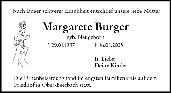 Traueranzeige von Margarete Burger von Darmstädter Echo