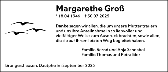 Traueranzeige von Margarethe Groß von Hinterländer Anzeiger