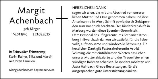Traueranzeige von Margit Achenbach von Hinterländer Anzeiger