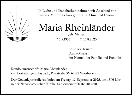 Traueranzeige von Maria Rheinländer von Wiesbadener Kurier