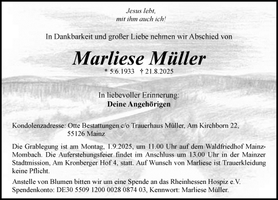 Traueranzeige von Marliese Müller von Allgemeine Zeitung Mainz