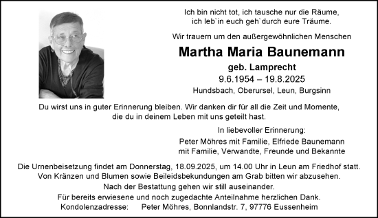 Traueranzeige von Martha Maria Baunemann von Wetzlarer Neue Zeitung
