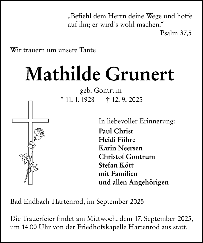  Traueranzeige für Mathilde Grunert vom 15.09.2025 aus Hinterländer Anzeiger