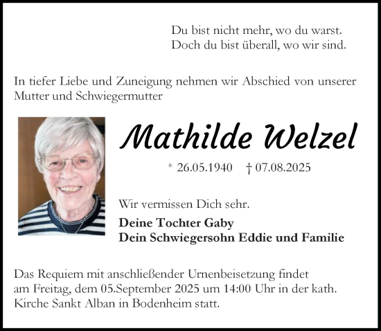 Traueranzeige von Mathilde Welzel von Allgemeine Zeitung Mainz