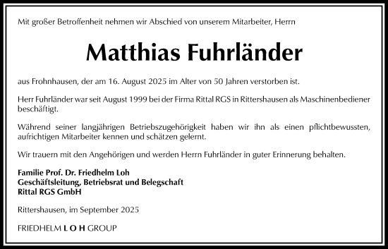 Traueranzeige von Matthias Fuhrländer von Dill Block