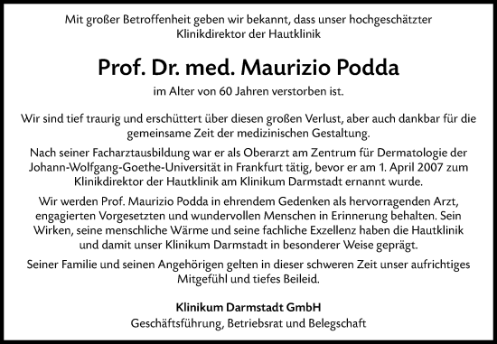 Traueranzeige von Maurizio Podda von Darmstädter Echo