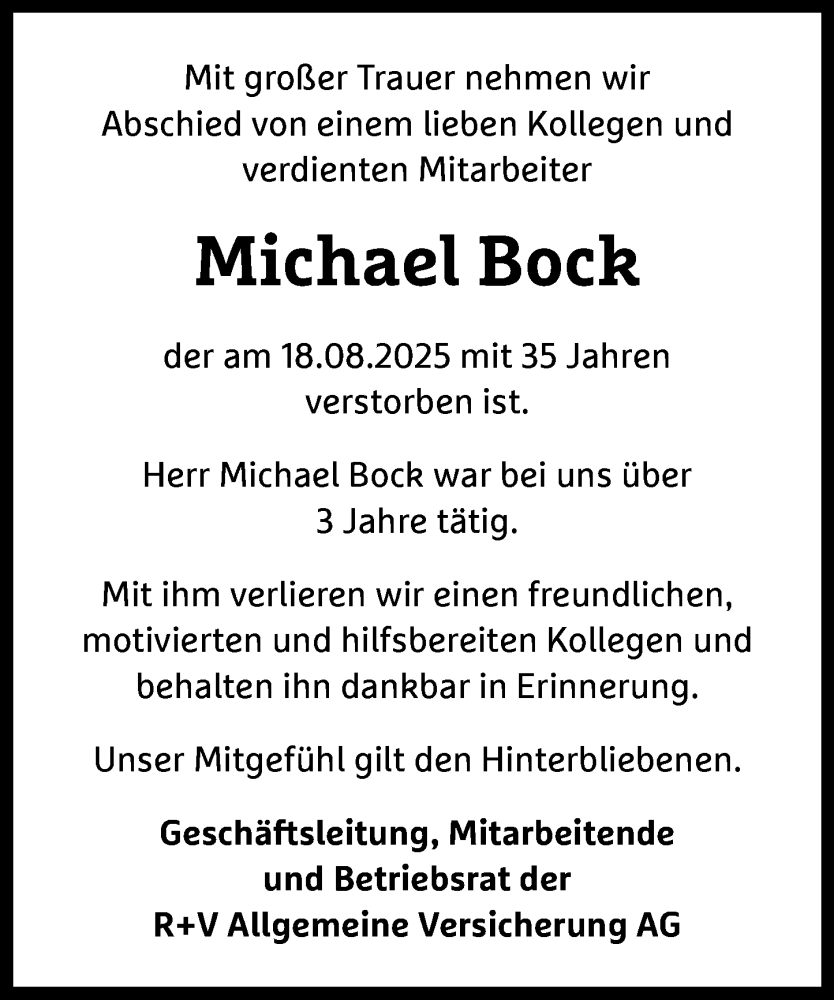  Traueranzeige für Michael Bock vom 30.08.2025 aus Wiesbadener Kurier