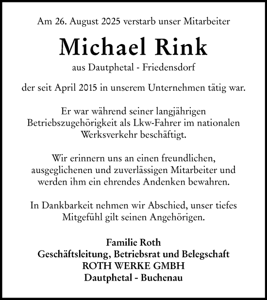 Traueranzeige von Michael Rink von Hinterländer Anzeiger