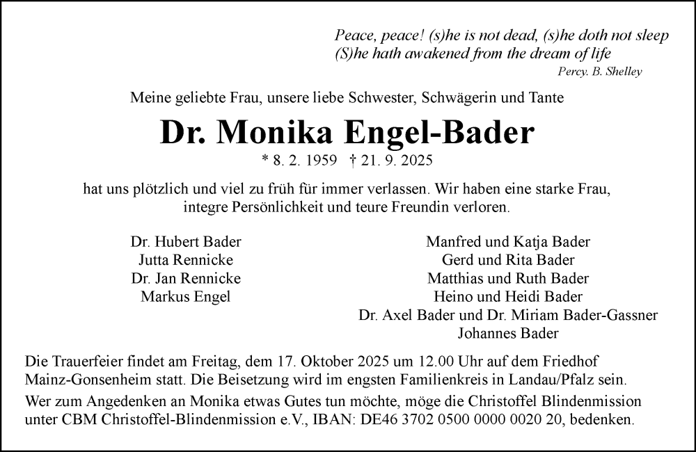  Traueranzeige für Monika Engel-Bader vom 27.09.2025 aus Allgemeine Zeitung Mainz