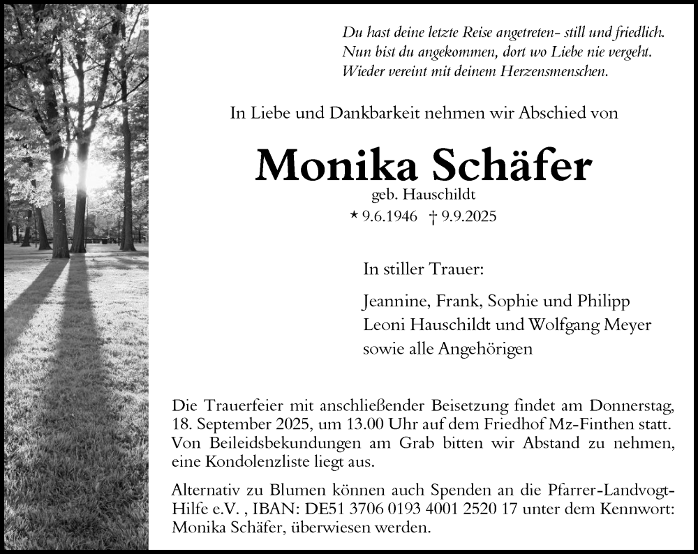  Traueranzeige für Monika Schäfer vom 13.09.2025 aus Allgemeine Zeitung Mainz