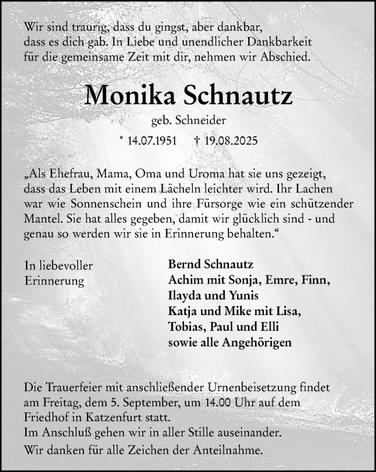 Traueranzeige von Monika Schnautz von Dill Block