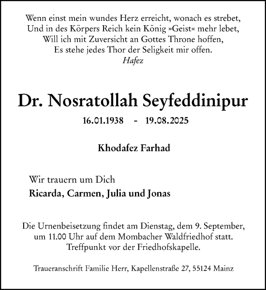 Traueranzeige von Nosratollah Seyfeddinipur von Allgemeine Zeitung Mainz