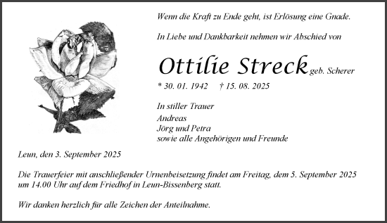 Traueranzeige von Ottilie Streck von Wetzlarer Neue Zeitung