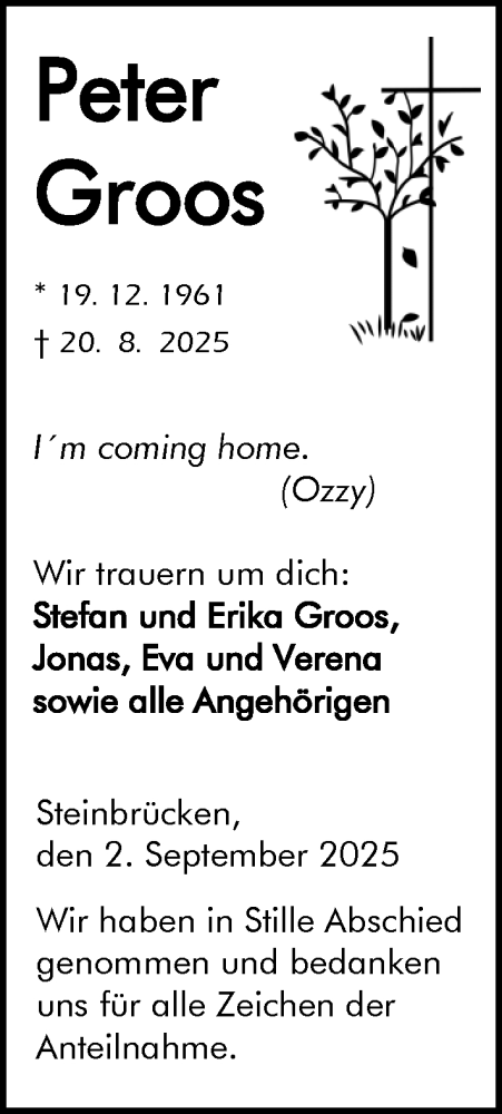 Traueranzeige von Peter Groos von Dill Block