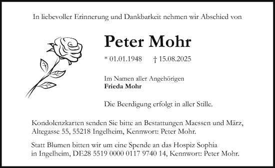 Traueranzeige von Peter Mohr von Allgemeine Zeitung Rheinhessen-Nahe
