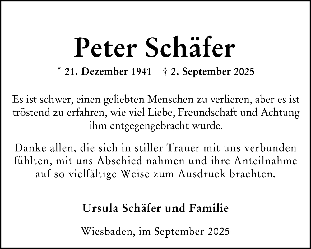  Traueranzeige für Peter Schäfer vom 27.09.2025 aus Wiesbadener Kurier