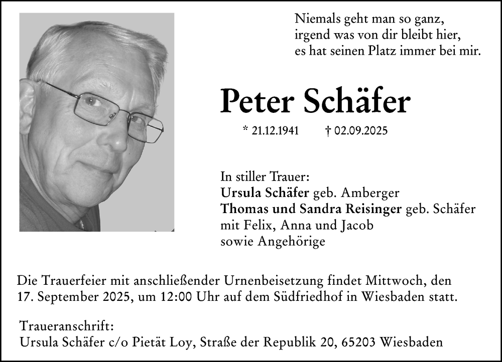  Traueranzeige für Peter Schäfer vom 06.09.2025 aus Wiesbadener Kurier
