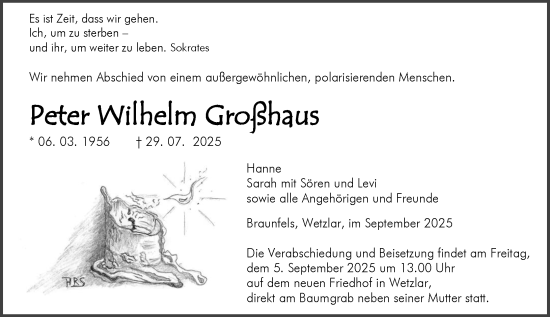 Traueranzeige von Peter Wilhelm Großhaus von Wetzlarer Neue Zeitung