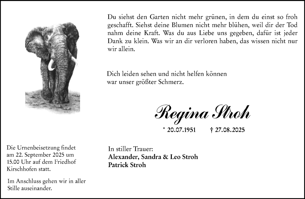  Traueranzeige für Regina Stroh vom 13.09.2025 aus Weilburger Tageblatt