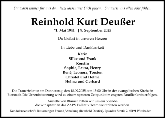Traueranzeige von Reinhold Kurt Deußer von Wiesbadener Kurier